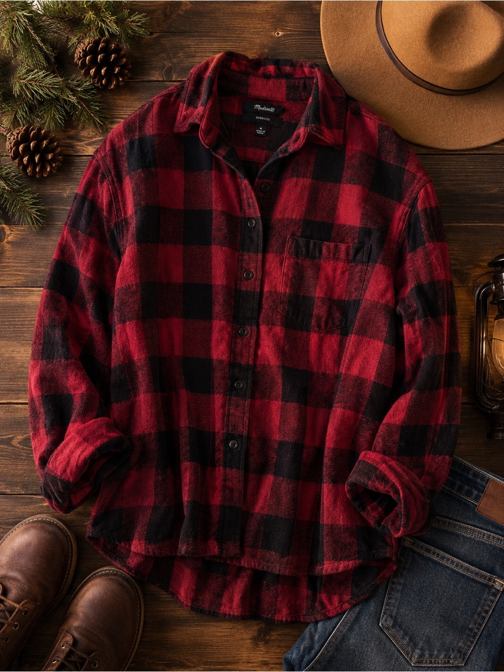 Madewell Oversized Buffalo Plaid Flannel Shirt Red Black Cozy Shacket M